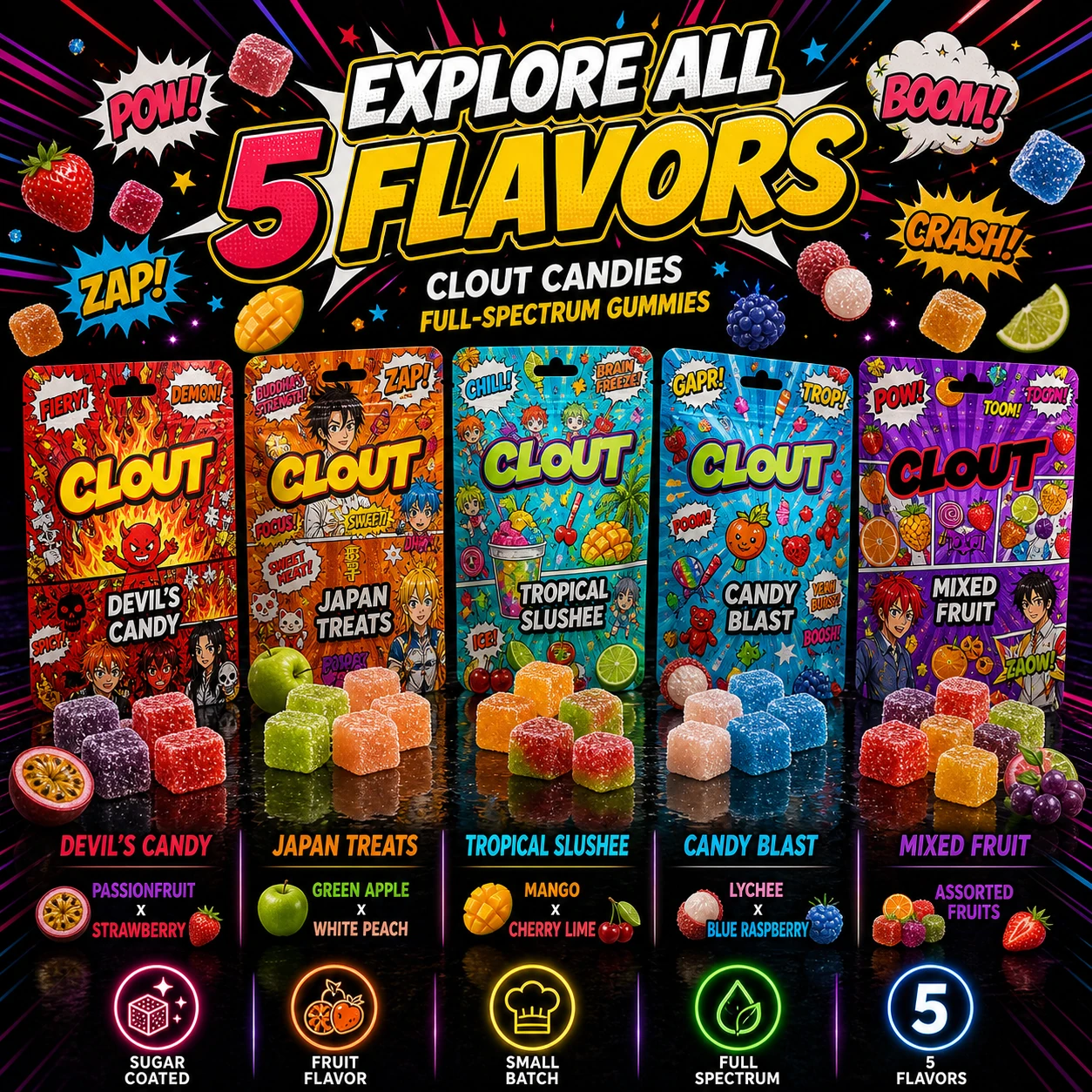 Clout Candies five flavor detail lineup