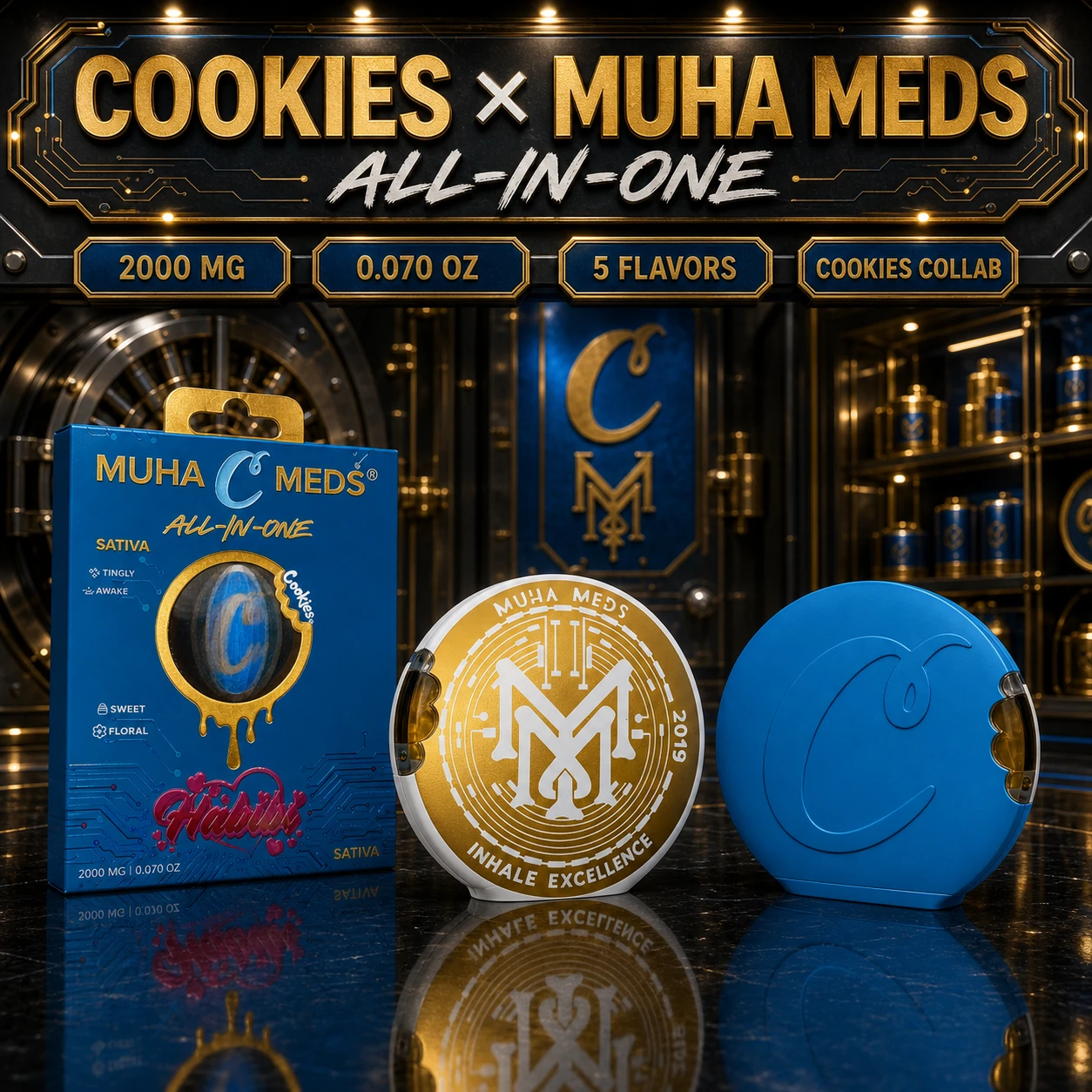 Cookies × Muha Meds luxury cookie-tech vault profile